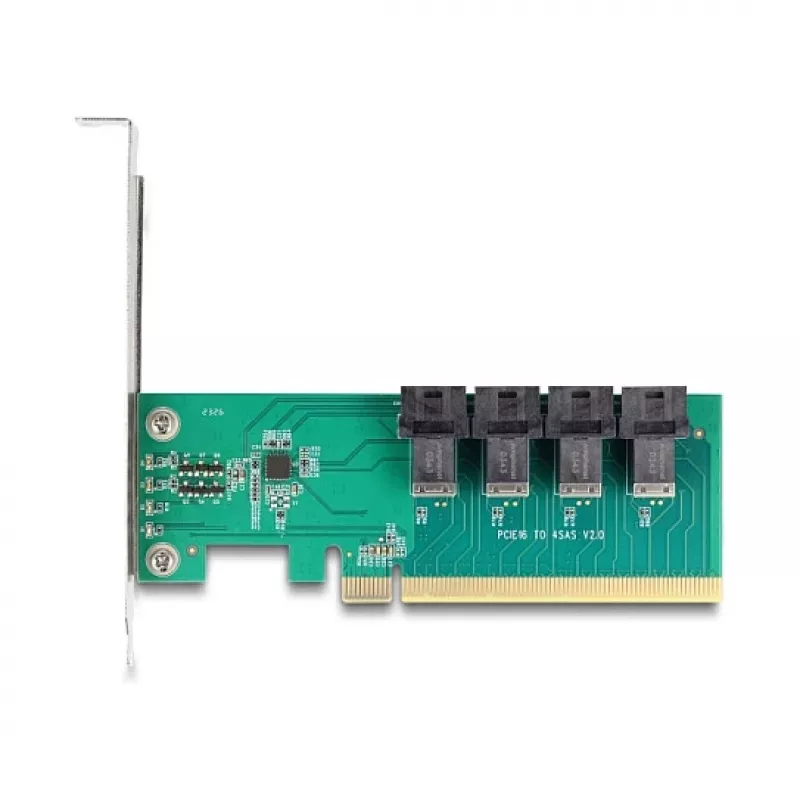 DELOCK PCIe x16 bifurkacijos plokštė su 4× vidiniais SFF-8643 NVMe prievadais, žemo profilio