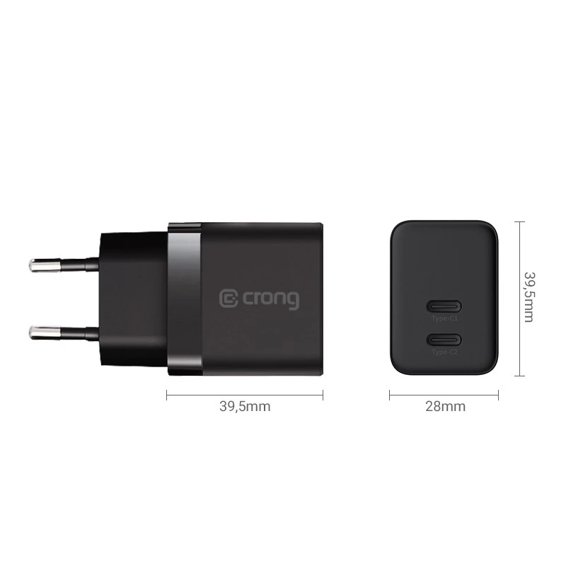 Crong sieninis pakrovėjas Ultra Compact GaN 35W PD 3.0 2x USB-C (juodas)