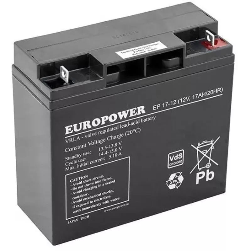 Hermetiška AGM baterija su rūgštiniu elektrolitu europower EP serija 12V 17Ah – Eksploatacijos trukmė 6–9 metai