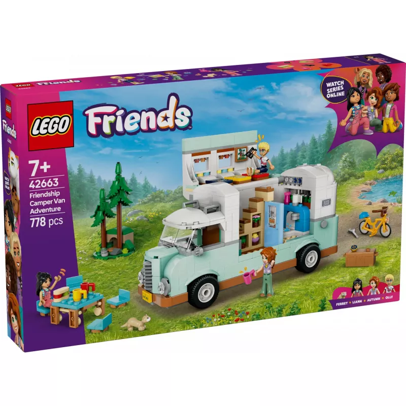 LEGO Motor Home rinkinys 42663 — LEGO Friends kemperis, 778 dalys, 3 mini lėlės, amžius 7+