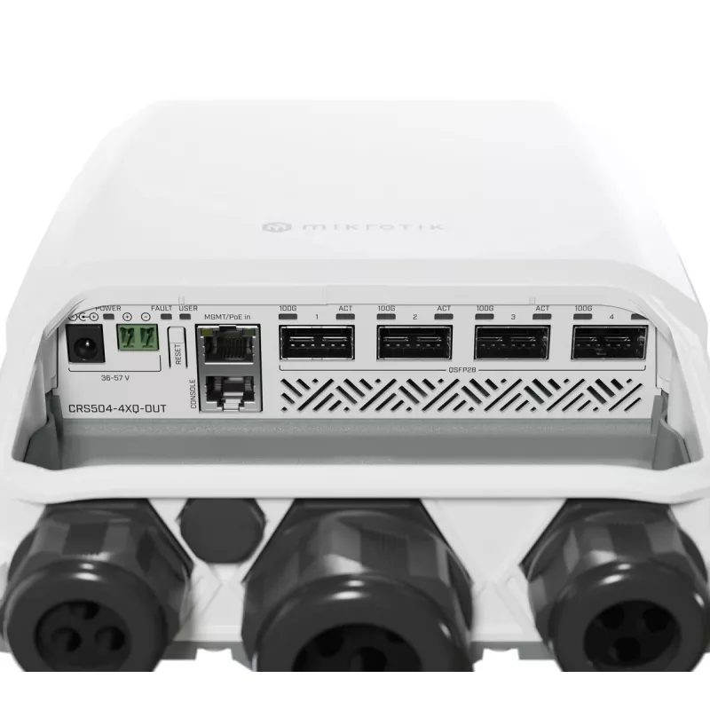 Mikrotik CRS504-4XQ-OUT tinklo jungiklis Valdomas L3 Fast Ethernet (10/100) Power over Ethernet (PoE) 1U Baltas