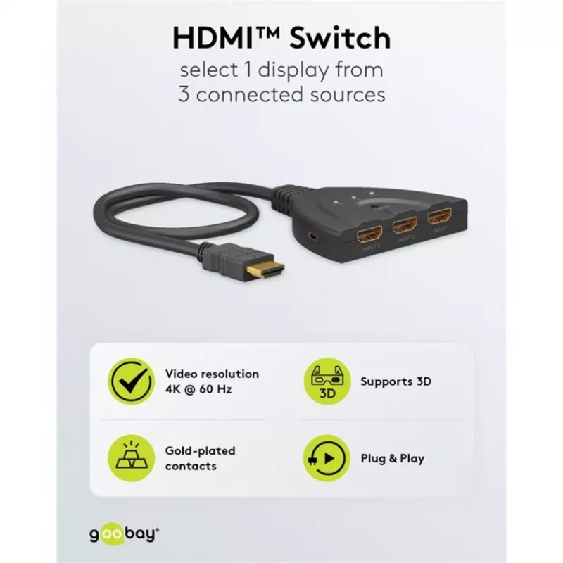 HDMI-Umschaltbox 3 į 1 (4K @ 60 Hz), HDMI jungiklis (juodas, 55 cm laidas)
