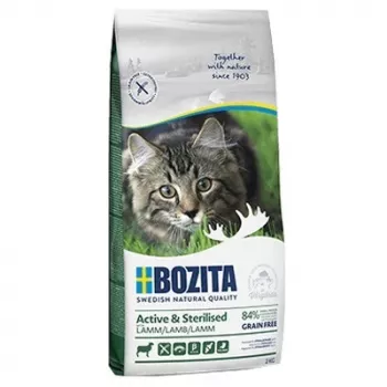 Sausas kačių maistas BOZITA Active & Sterilised be grūdų su aviena 2 kg — suaugusioms katėms, didelis baltymų kiekis 33 %, riebalų 20 %, taurino 2000 mg/kg