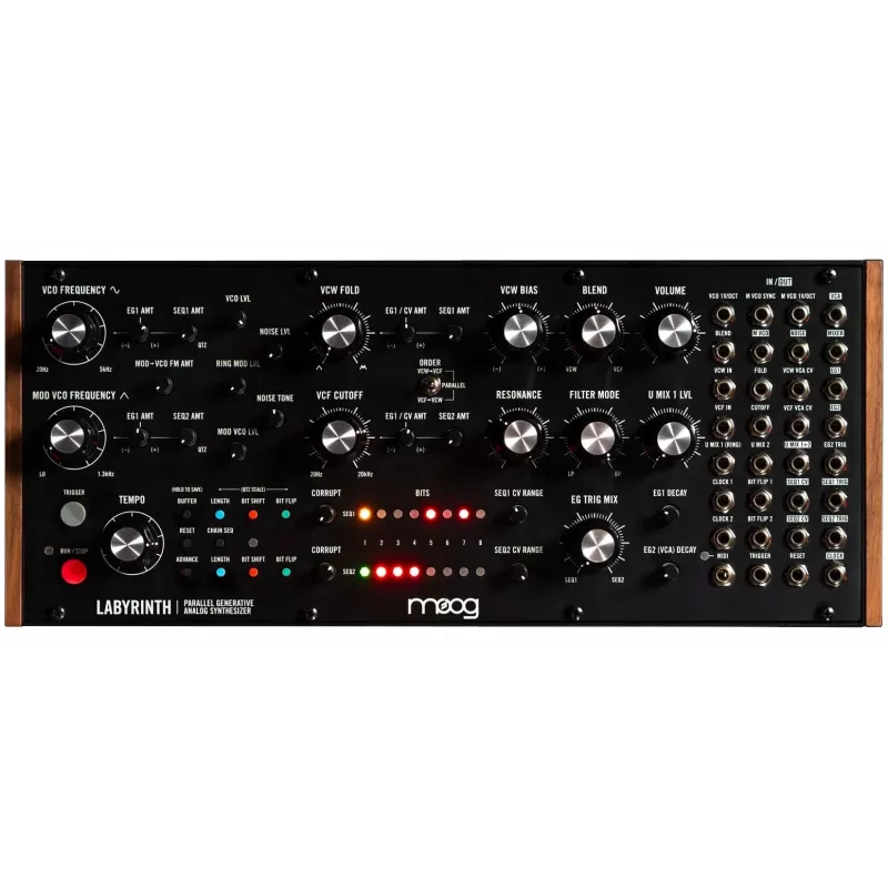 Analogue semi-modular synthesiser moog Labyrinth — monophonic, 20-in/12-out patchbay, sequencer, natural wood