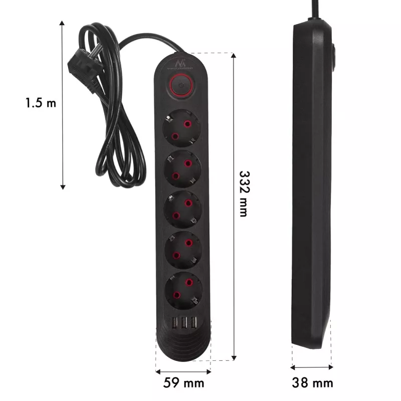 Maitinimo lizdas MACLEAN MCE395 B — 5 lizdai, 3×USB, 110–240V AC, 2,1A USB, 2500W, 1,5 m kabelis, juodas