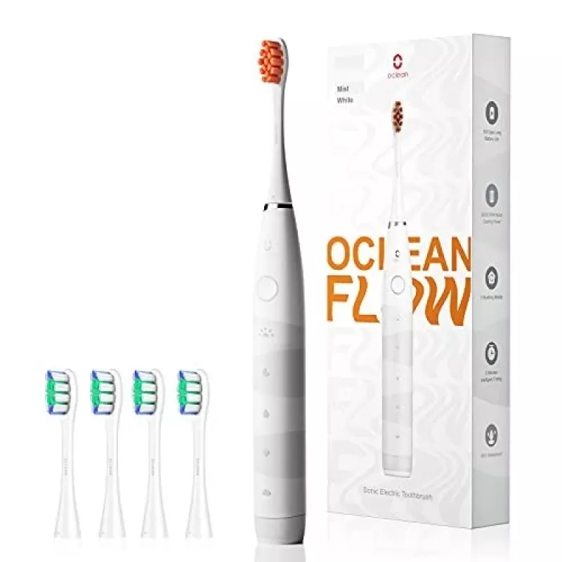Soninis dantų šepetėlis OCLEAN FLOW Adult — maitinamas baterijomis, balinimo režimas, integruotas laikmatis, reguliuojamas greitis, 255 mm aukštis, baltas, 0,13 kg, 1 rankena + 1 šepetėlio galvutė
