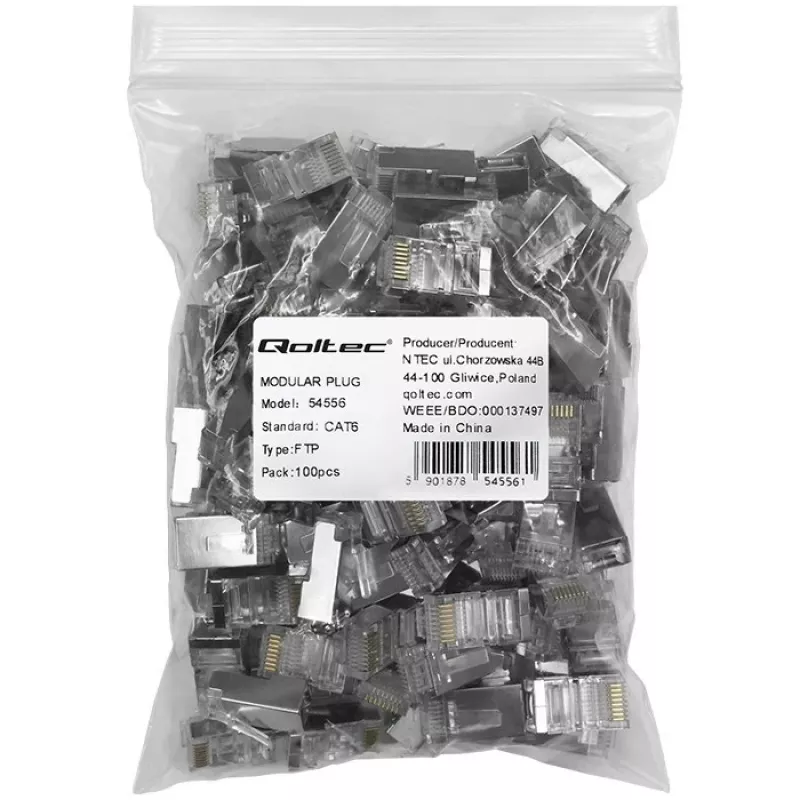 RJ45 modulinė jungtis QOLTEC 54556 CAT6 FTP, sidabrinė, 18×22×11 mm, pakuotėje 100 vnt.