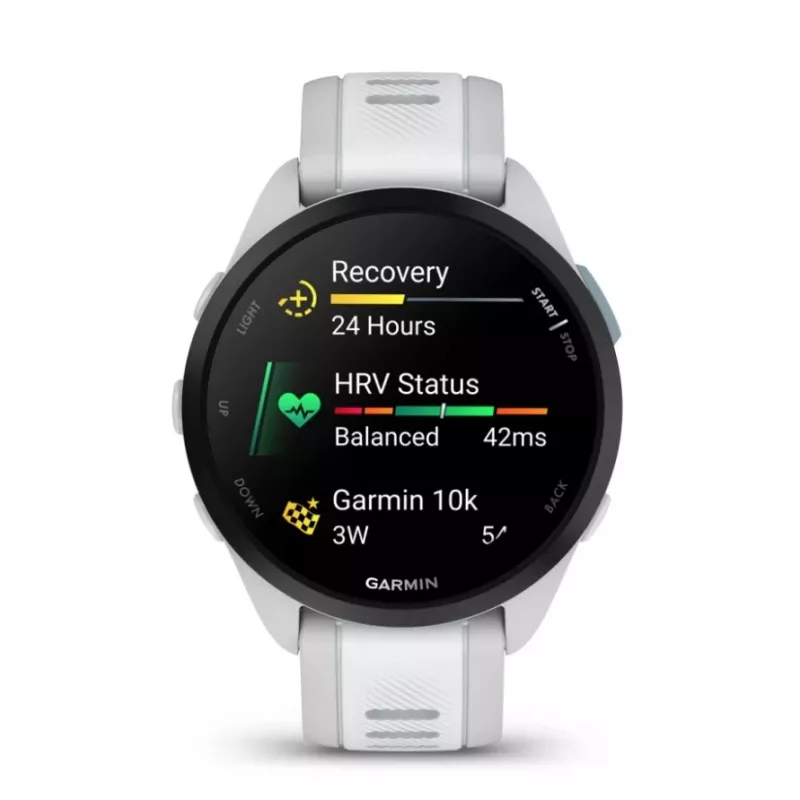 Išmanusis laikrodis GARMIN Forerunner 165 — GPS, AMOLED 1,2 colio, 4 GB, 5 ATM, 11 dienų baterija, pilkas korpusas, baltas dirželis