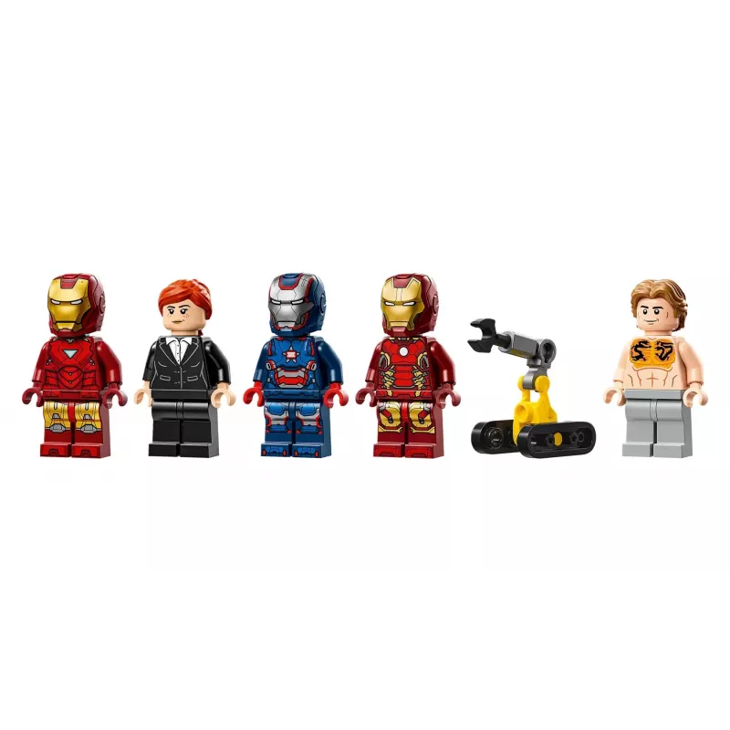 LEGO rinkinys „Marvel Iron Man's Laboratory Hall of Armor 76315“ — 384 detalės, 5 minifigūrėlės, ekspozicijos vieta