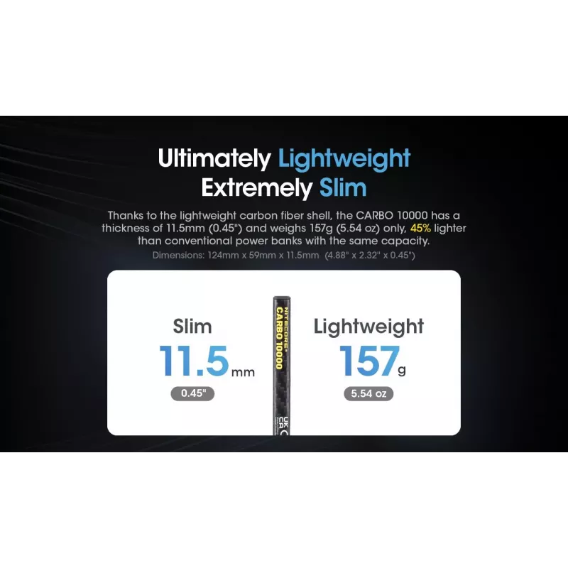 Nešiojama išorinė baterija Nitecore CARBO 10000 — ličio jonų 10000 mAh, 38 W PD, USB‑A + USB‑C, pilka