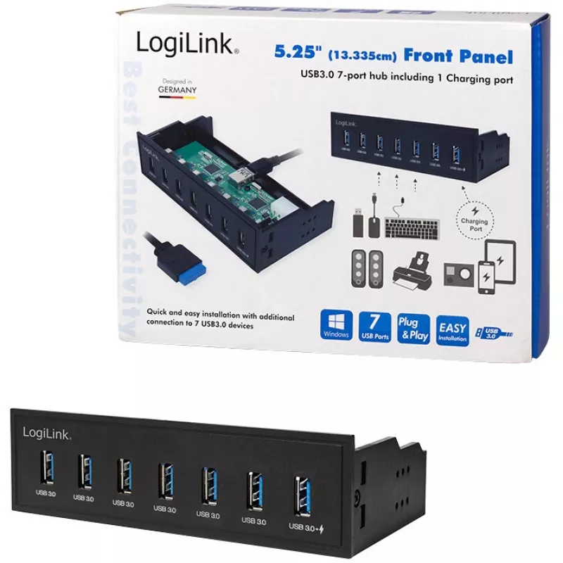LogiLink USB 3.0 hub, 7 prievadų 5.25 vidinis, su greito įkrovimo prievadu - Hub - 6 x SuperSpeed USB 3.0 + 1 x SuperSpeed USB 3.0 (įkrovimui)