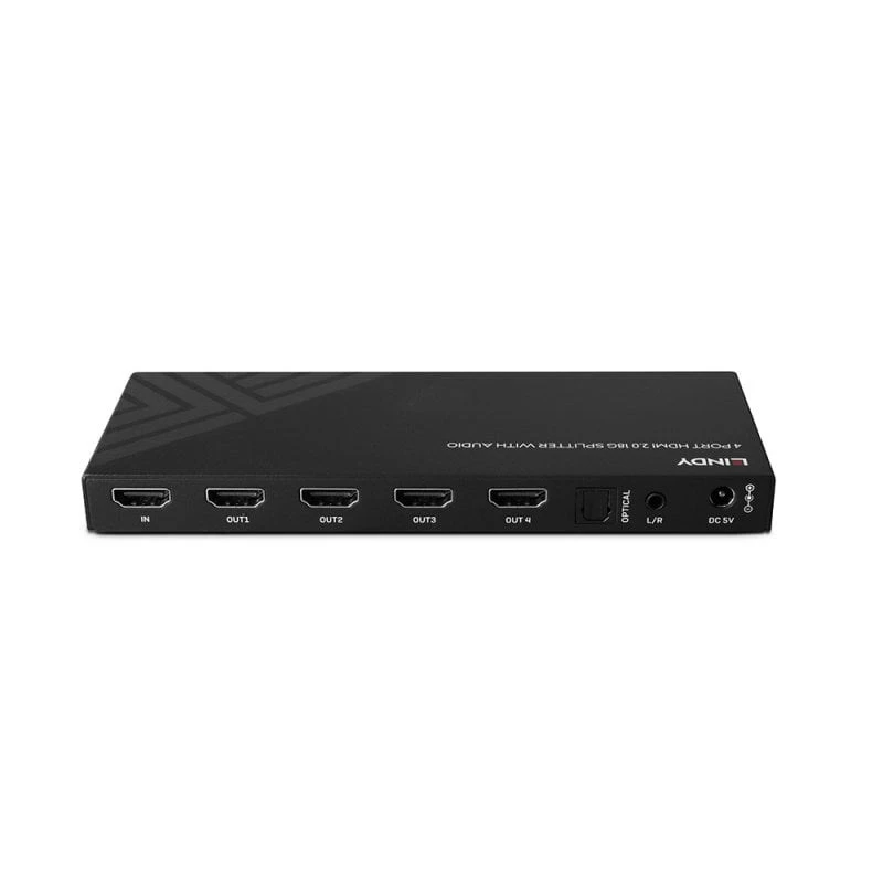 „Lindy“ 4 prievadų HDMI 8K60 skirstytuvas su garsu, HDMI, 4x HDMI, 3,5 mm, 7680 x 4320 pikseliai, juoda, metalas