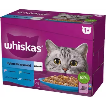 Šlapių kačių maisto pakeliai Whiskas 12×85 g – įvairių žuvų skonių (baltoji žuvis, menkė, lašiša, tunas)