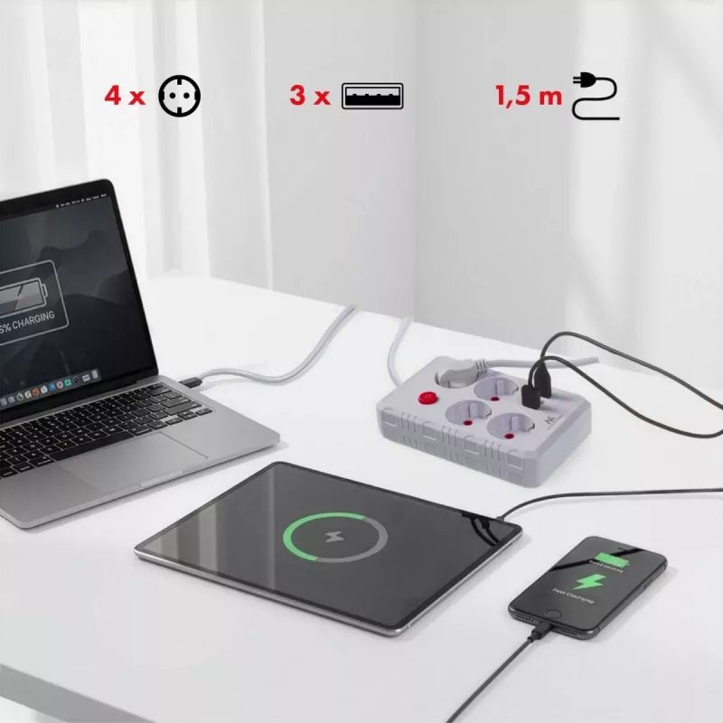 Maitinimo lizdas MACLEAN MCE392 W — 4 F tipo lizdai, 3×USB A, 110–240 V, 2.1 A maks., 2500 W, 1,5 m kabelis, baltas