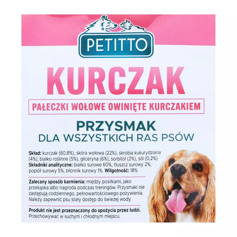 Šunų skanėstai PETITTO Vištiena įvyniota lazdelėmis 500 g — vištienos skonio kramtomosios lazdelės, 60 % baltymų, 18 % drėgmės