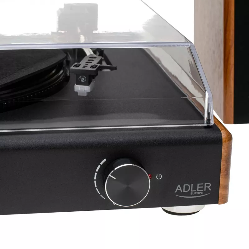 Diržu varomas patefonas Adler AD 1915 USB — keraminė lėkštė, 45 RPM, nuolatinės srovės variklis, Bluetooth 5.4, USB išvestis, 2×10 W garsiakalbiai