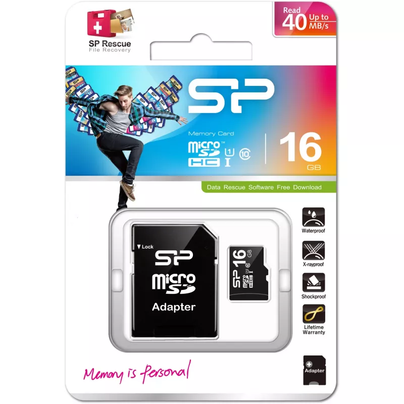 Silicon Power 16 GB MicroSDHC atminties kortelė, Class 10, UHS-I, U1, 40 MB/s, atspari vandeniui, juoda