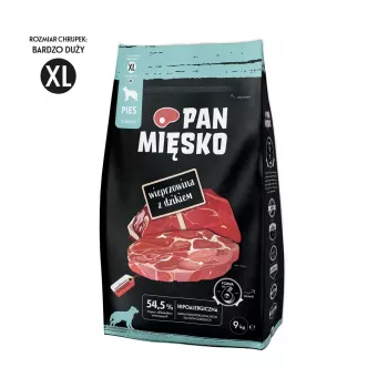 Sausas šunų ėdalas Pan Mięsko Mr. Pork su šerniena XL — 9 kg, suaugusiems didelių ir milžiniškų veislių šunims, baltymai 30%, riebalai 21%