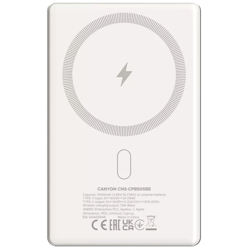 Canyon OnPower 505 - Powerbank - 5.000 mAh - į USB-C - iš USB-C PD 20W + belaidis magnetinis 1