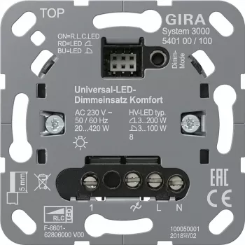 Sieninis reguliatoriaus modulis Gira S3000 Uni-LED-Dimmeins. Komfort 540100 LED apšvietimui