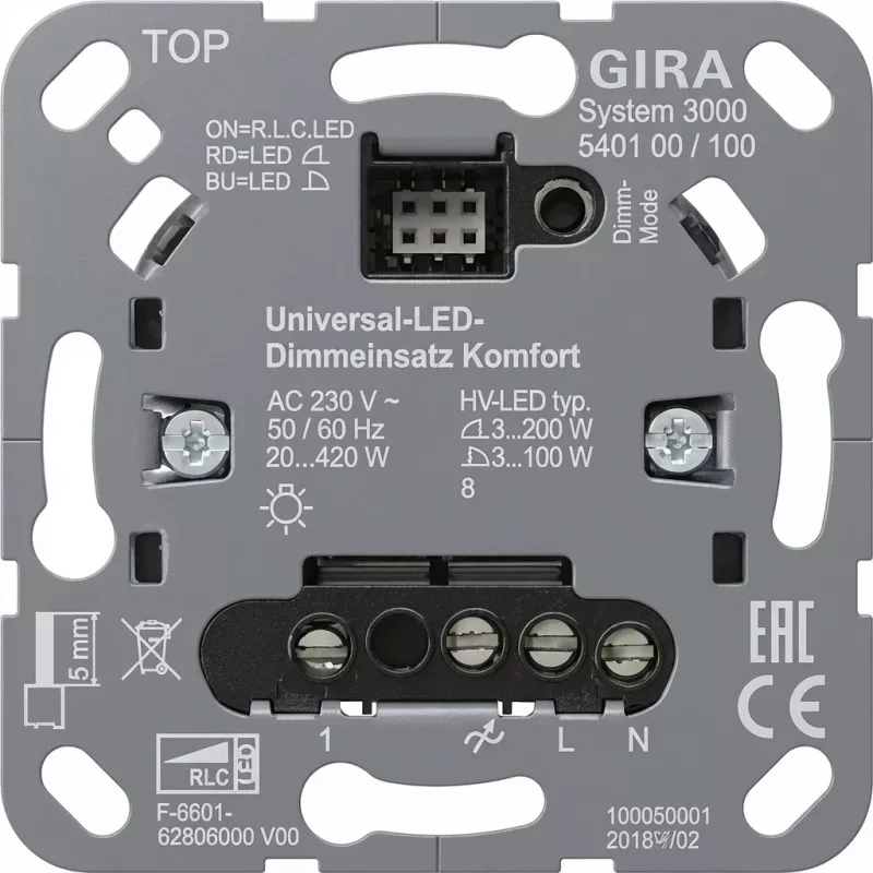 Sieninis reguliatoriaus modulis Gira S3000 Uni-LED-Dimmeins. Komfort 540100 LED apšvietimui