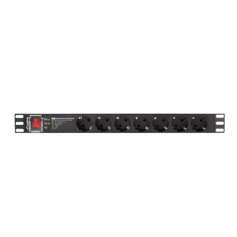 Energijos paskirstymo blokas LANBERG PDU-PRO-07F-0200-BK — 1U stovo PDU, 7 F tipo lizdai, 16 A, 2 m laidas, juodas