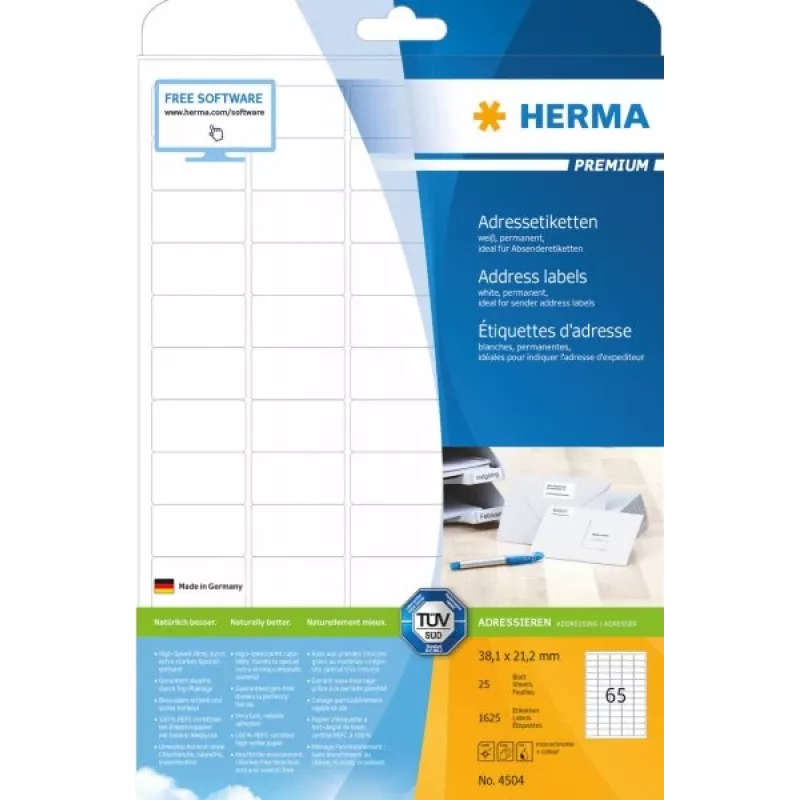 Adresų etiketės HERMA Premium A4 38,1 x 21,2 mm užapvalintais kampais 1625 vnt.