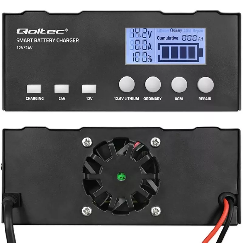 Baterijų įkroviklis QOLTEC 52491 mikroprocesorinis 12V/12.6V/24V su LCD