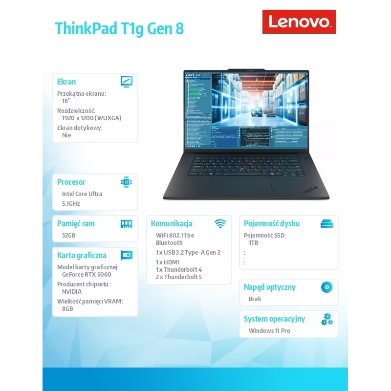 Ultrabook Lenovo ThinkPad T1G G8 255H CPU, 32GB RAM, 1TB SSD, NVIDIA RTX 5080 8GB, 16,0 colio WUXGA, Windows 11 Pro