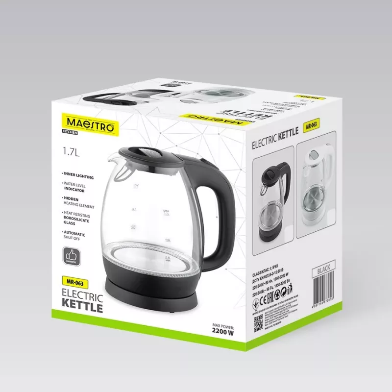 Elektrinis stiklinis virdulys Maestro MR-063-Juoda, 2200 W, stiklinis korpusas, belaidė bazė