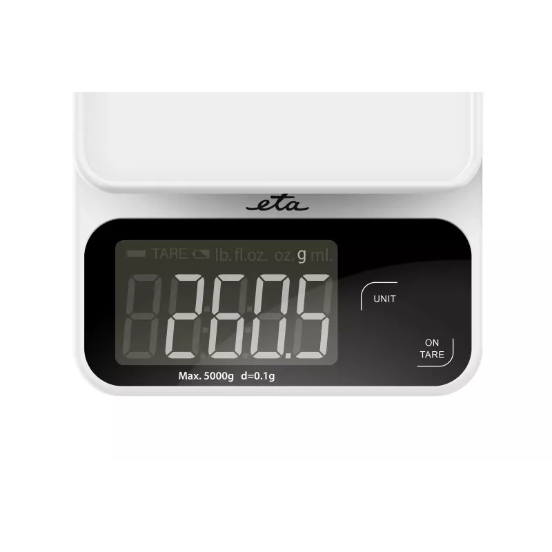 Elektroninės virtuvinės svarstyklės ETA POPI White – maks. 5 kg, tikslumas 1 g, LCD ekranas, AAA baterijos
