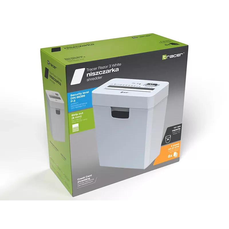 Popieriaus smulkintuvas TRACER Tracer 47584 — kryžminis pjovimas 6 mm, iki 5–6 lapų, 10 l talpos dėžė, balta