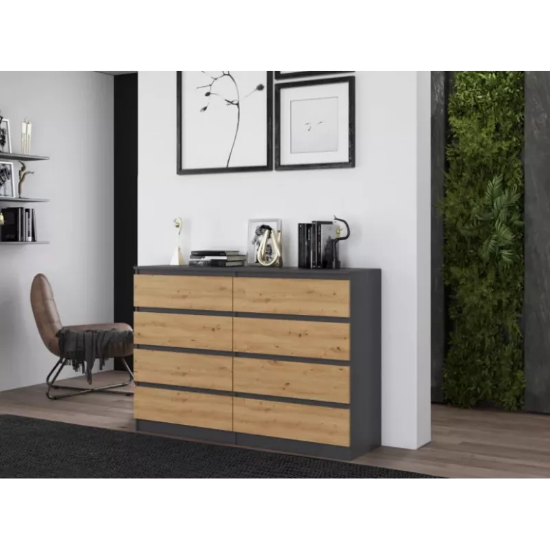 Komoda top e shop M8 140 ANT/ART — 8 stalčiai, antracito/ąžuolo, 1380×400×970 mm, medžio drožlių plokštė