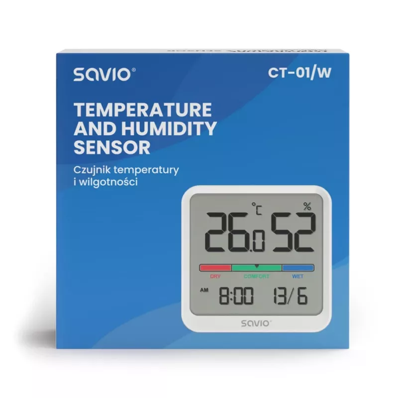 Patalpų temperatūros ir drėgmės jutiklis SAVIO CT-01/W, LCD ekranas, -10–55°C, 10–99%RH, baterija CR2032
