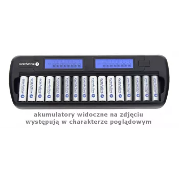 Baterijų įkroviklis everActive NC-1600 — universalus nuolatinės srovės įkroviklis Li-Ion, palaiko 16 elementų, suderinami dydžiai AA/AAA/C, juodas, kintamoji srovė 100–240 V 50–60 Hz