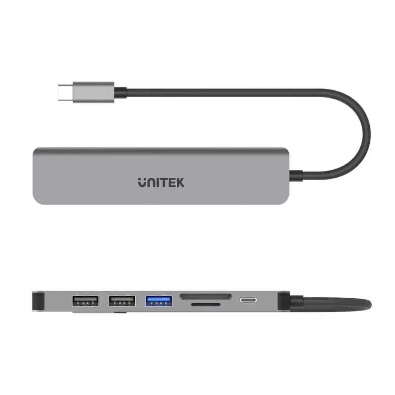 USB-C šakotuvas Unitek 7in1 aliuminis PD 100W 5 Gbps — daugiafunkcis adapteris su Power Delivery
