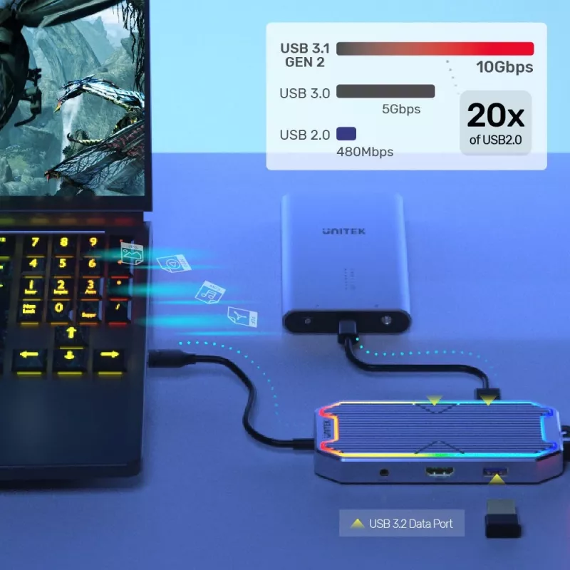 USB šakotuvas Unitek uHUB S7+ — laidinis USB 3.2 Gen 2 Type-C, 100 W PD, Gigabit Ethernet, 4K palaikymas, Space Pilka