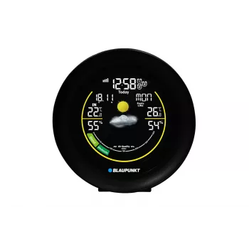 Oro stotelė BLAUPUNKT WS35BK APP — LCD ekranas, temperatūra ir drėgmė, žadintuvas, kalendorius, programėlės ryšys, 94×94×27 mm