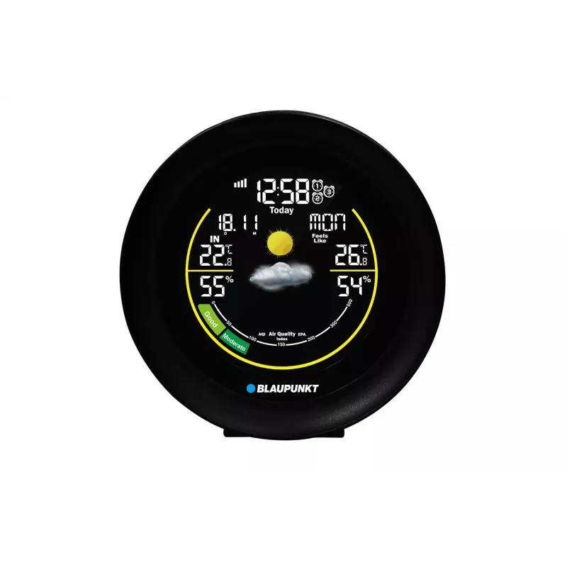 Oro stotelė BLAUPUNKT WS35BK APP — LCD ekranas, temperatūra ir drėgmė, žadintuvas, kalendorius, programėlės ryšys, 94×94×27 mm