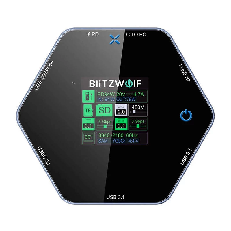 Doko stotelė BlitzWolf BW-TH16 8-in-1 USB 100W su išmaniuoju LCD ekranu