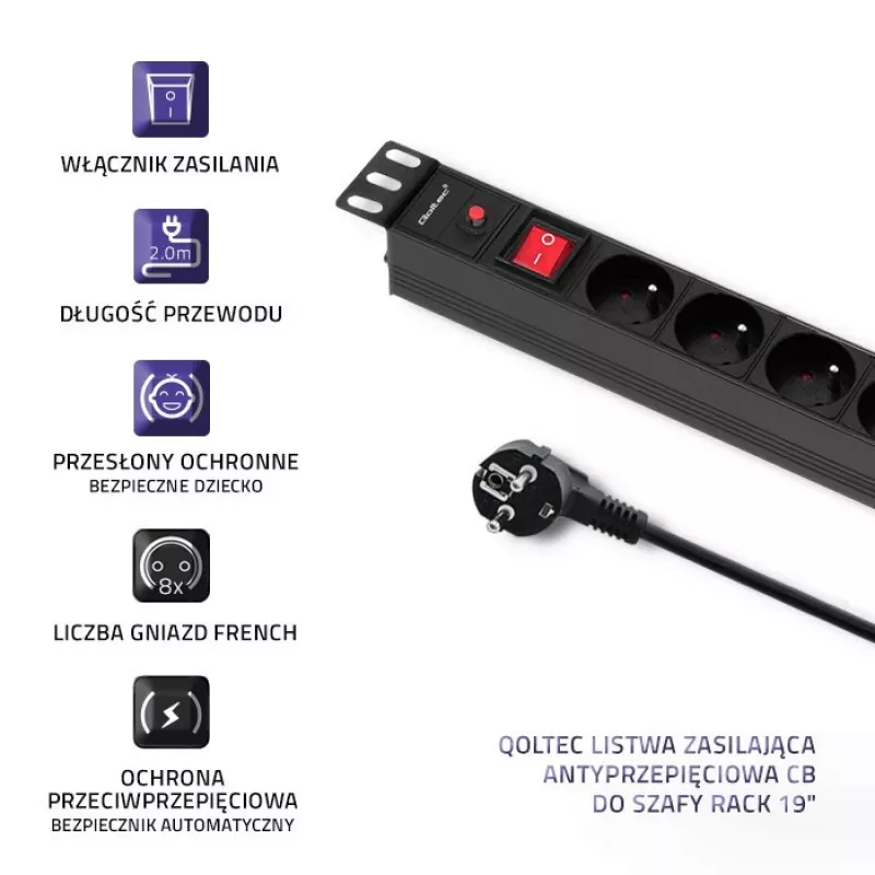 Qoltec 53996 Maitinimo juosta RACK 19 | 1U | 16A | PDU | 8xFRANCAI | 2m
