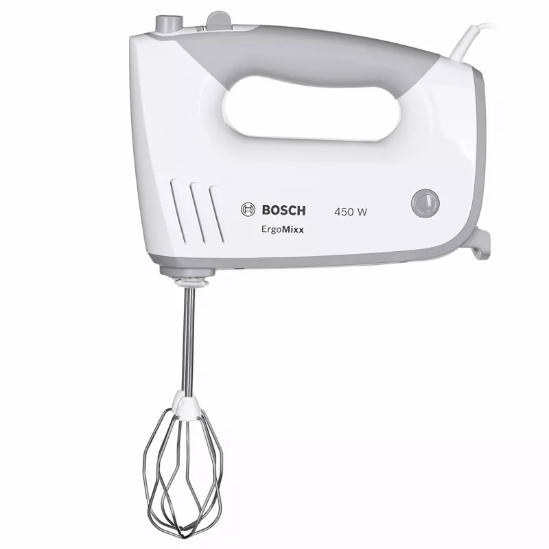 Rankinis plaktuvas Bosch MFQ36480 – 450 W, 5 greičių su turbo, pilka/baltas, plakikliai ir tešlos kabliai
