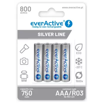 Pakartotinai įkraunamos AAA NiMH baterijos everActive EVHRL03-800 – 1.2 V, 4 vnt., cilindrinės 44.5×10.5 mm