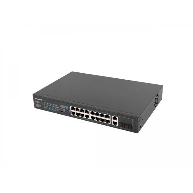 Nevaldomas jungiklis LANBERG RSFE-16P-2C-150 — 18 prievadų Gigabit, 16 PoE+/2 SFP, 150 W bendra galia, 1U stovas, metalinis, juodas