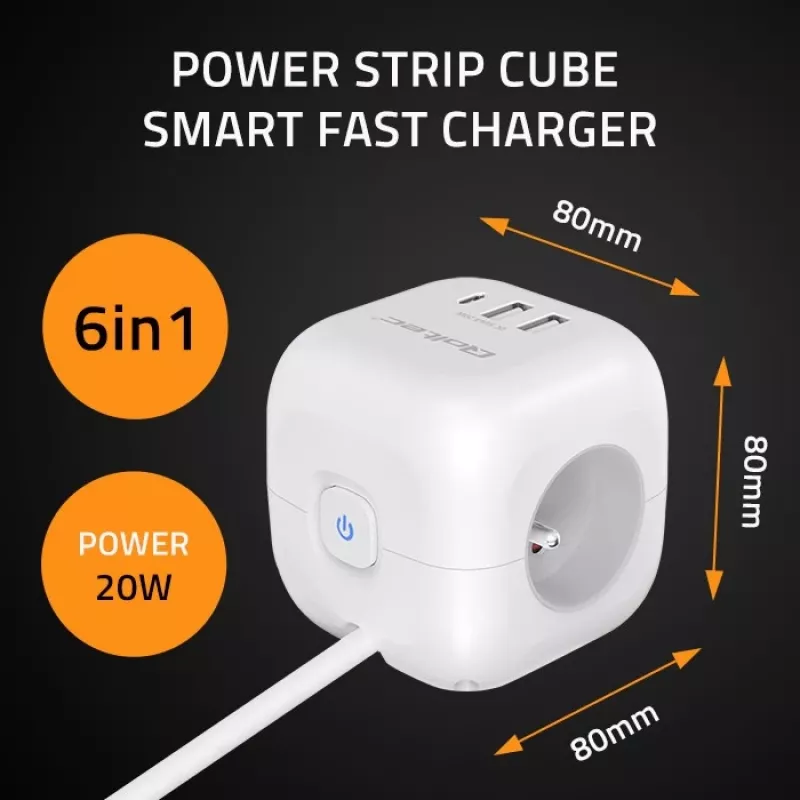 Maitinimo kubas QOLTEC 52547 – maitinimo šakotuvas su 3× AC lizdais, 2× USB-A, 1× USB-C PD 20W