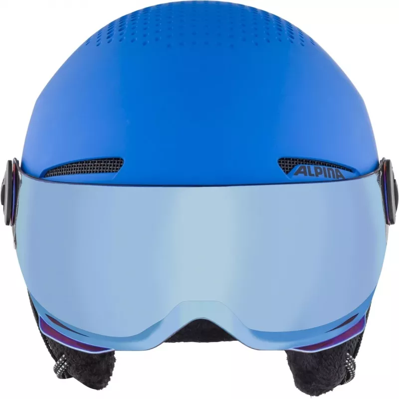 Šalmas ALPINA ZUPO VISOR QLite — vaikiškas slidinėjimo šalmas, kietas kevalas, 54–58 cm, integruotas skydelis, Run System Ergo Snow