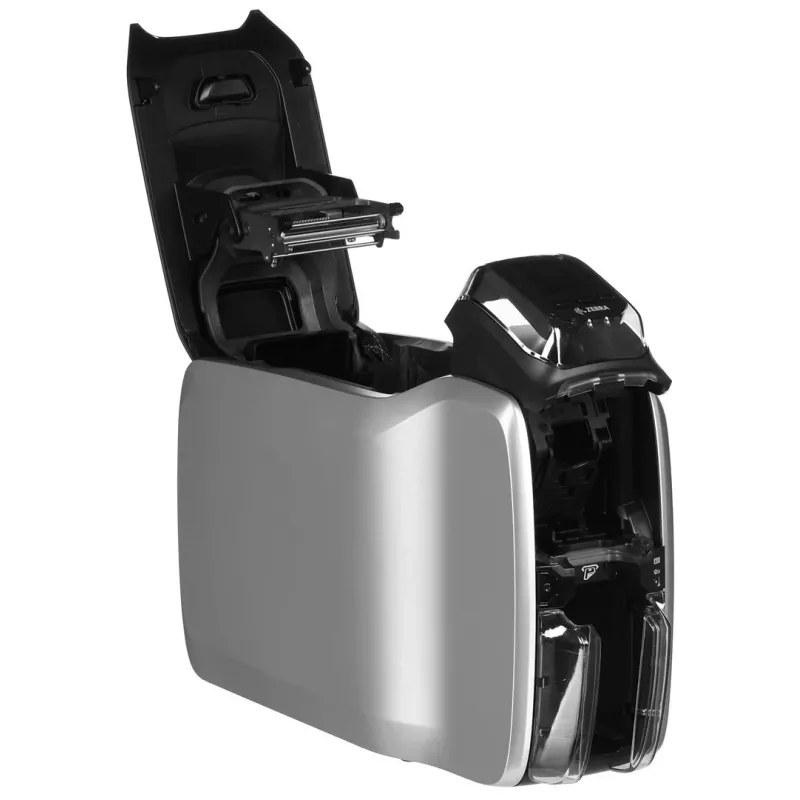 Plastikinių kortelių spausdintuvas Zebra ZC300 — dažų sublimacija/terminis perkėlimas, 300x300 DPI, LCD, 100 lapų įvestis, Ethernet, sidabrinė/juoda