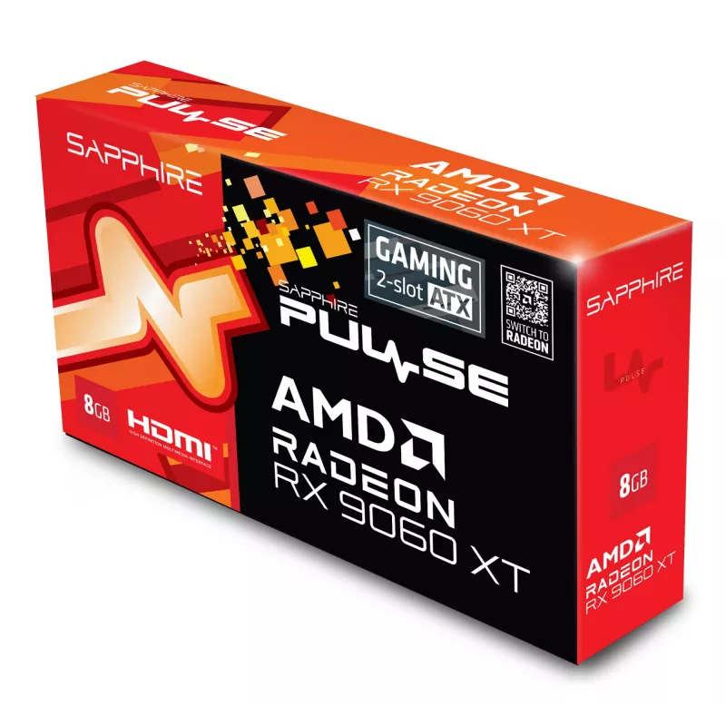 Vaizdo plokštė Sapphire Radeon RX 9060 XT — 8 GB GDDR6, 128 bitų, PCIe x16 5.0, dviejų ventiliatorių aušinimas