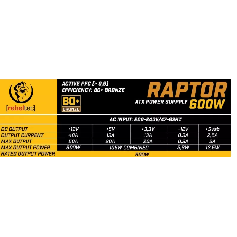 Maitinimo blokas RAPTOR 600W BRONZE 80+, Vienguba linija, DC-DC