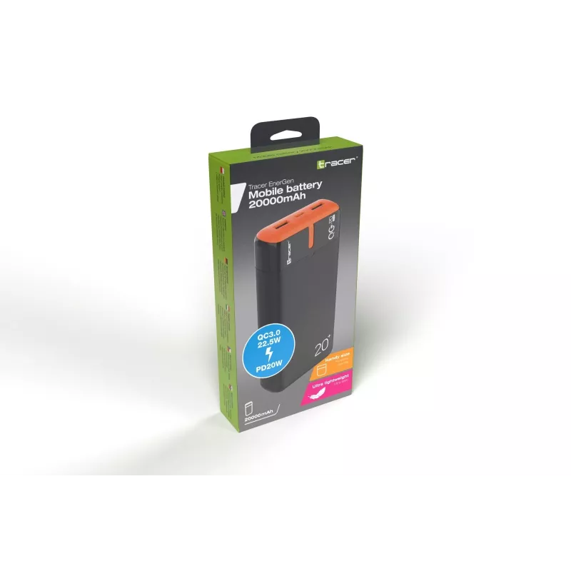 Nešiojamas įkroviklis TRACER EnerGen 20000 mAh, Power Delivery 20W, USB-C įvestis, 2×USB-A išvestys, 3 įrenginių palaikymas, oranžinis